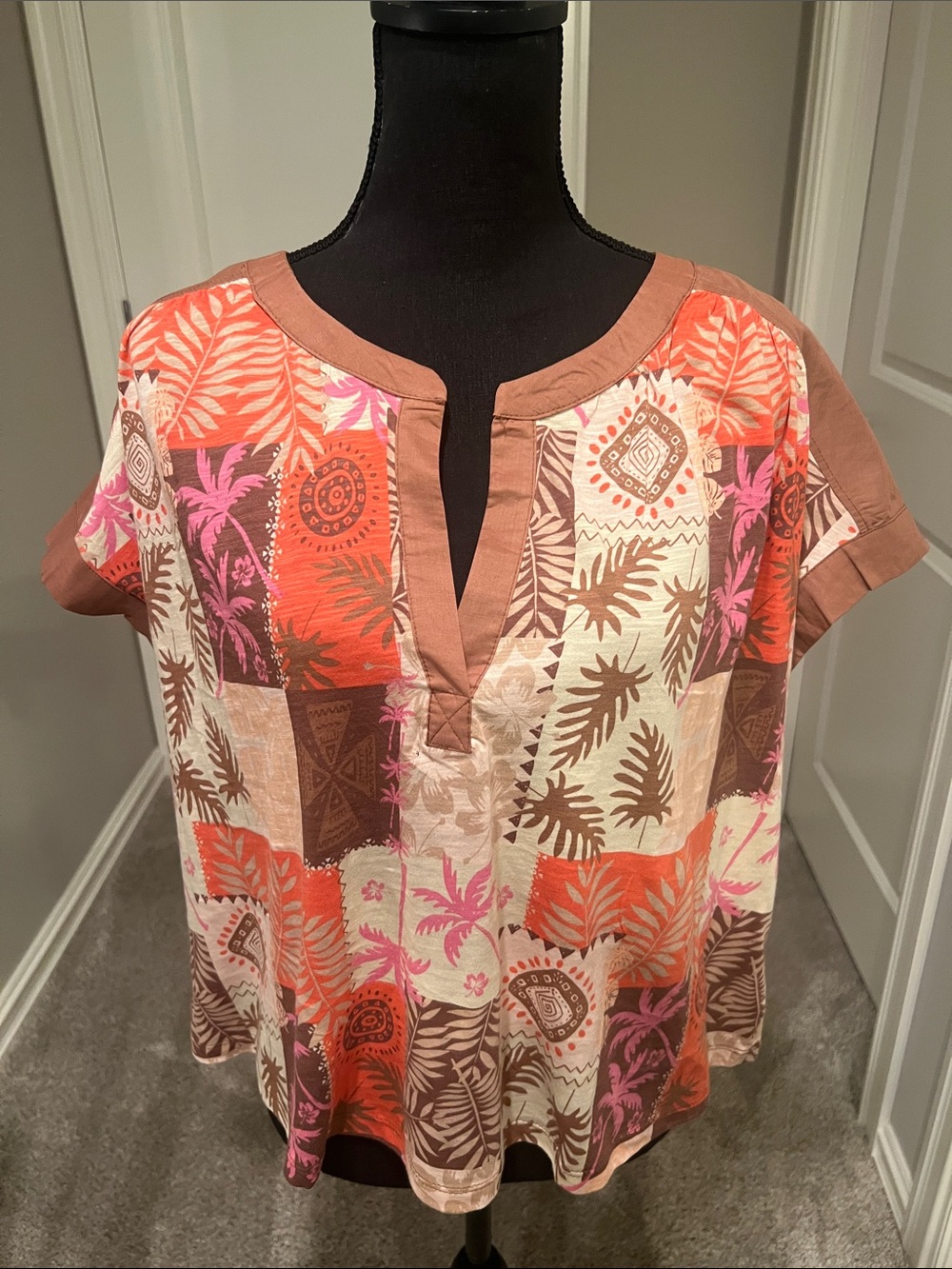 Cato Coral, Pink & Brown Patchwork Split-Neck Tunic